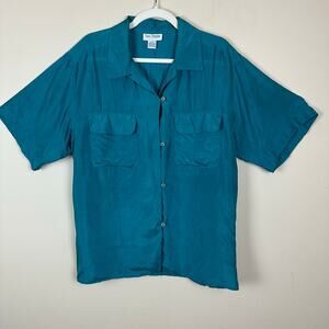 Sara‎ Stephen Silk Teal Button Front Blouse Size L Resort Coastal Career Travel